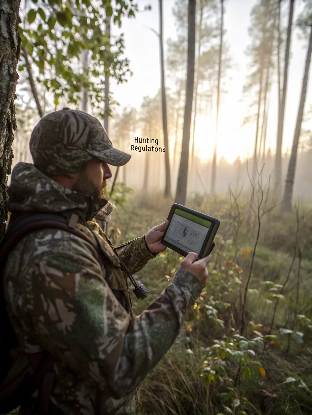 A photograph of a hunter aiming a rifle from a deer stand overlooking a vast forest, emphasizing the patience and skill required for deer hunting.