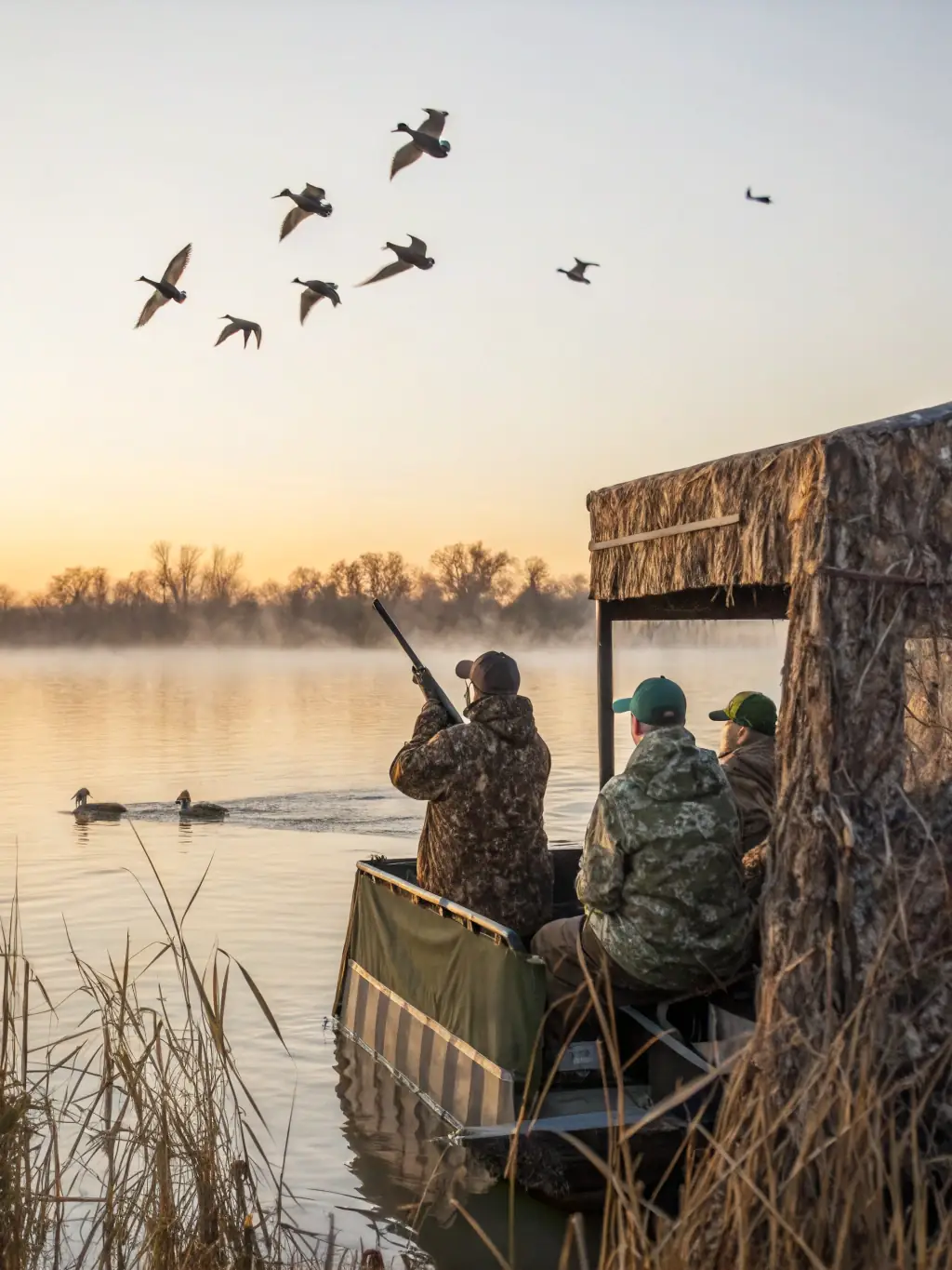 A photograph of a group of hunters setting up decoys in a field at dawn, preparing for a waterfowl hunt. The image should convey a sense of anticipation and camaraderie.