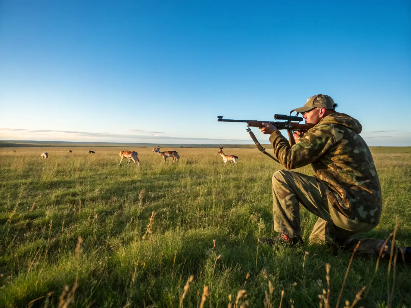 A scenic shot of a hunter with a trained dog in a field, participating in a bird hunting activity, highlighting the beauty of the natural surroundings at Chasse du Ravin.