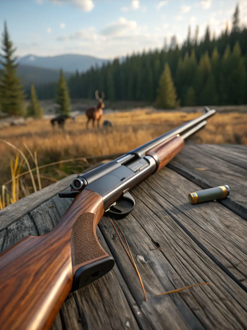 A close-up shot of a hunter's hand expertly loading a shotgun, set against the backdrop of a vibrant sunrise over a misty forest. This image represents the skill and passion involved in hunting at Chasse du Ravin.