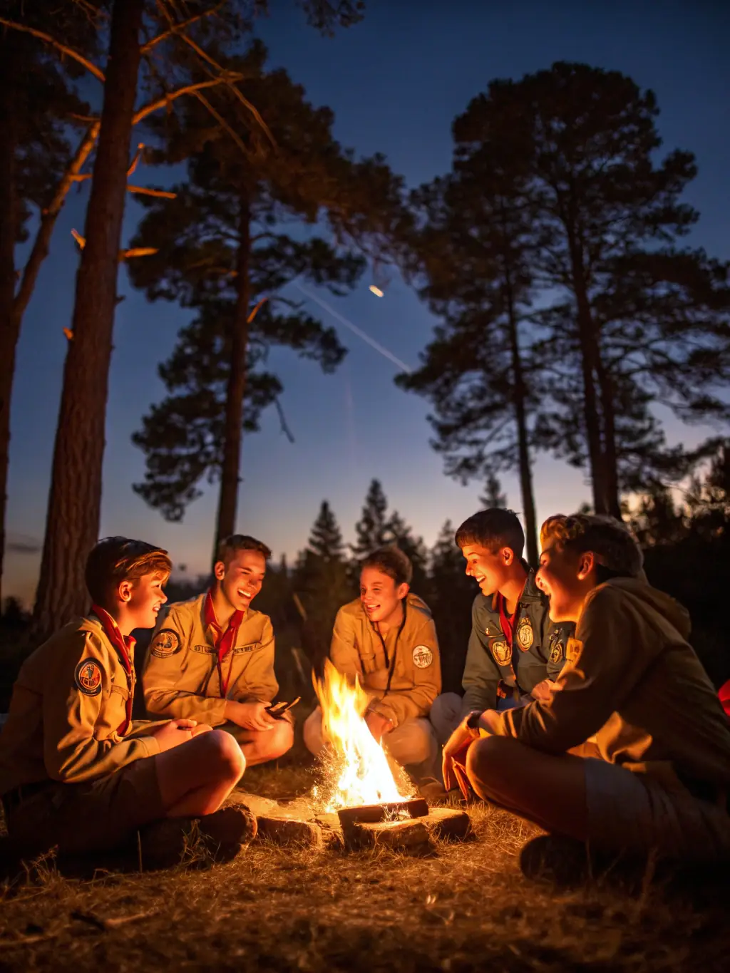 A photograph of a group of hunters gathered around a campfire, sharing stories and enjoying a meal after a successful day of hunting, highlighting the social aspect of the club.