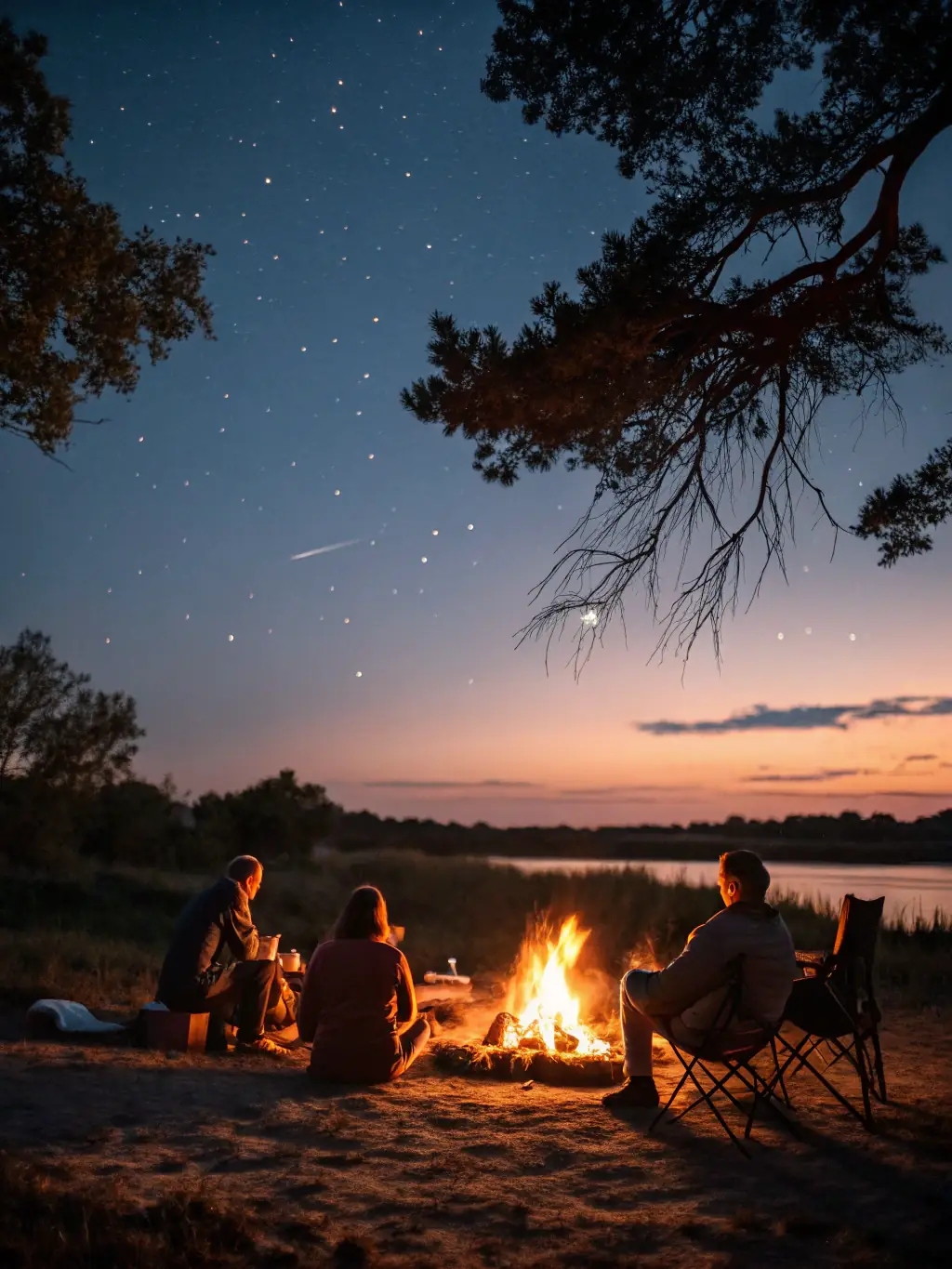 A photograph capturing a group of Chasse du Ravin members sharing a hearty meal around a crackling campfire after a successful hunt, showcasing the camaraderie and shared experiences.
