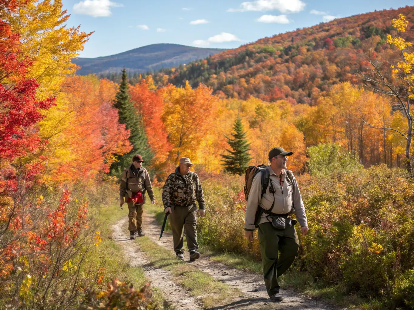 A photograph of a group of hunters in camouflage gear, standing in a forest clearing, reviewing a map together before a guided hunt at Chasse du Ravin.